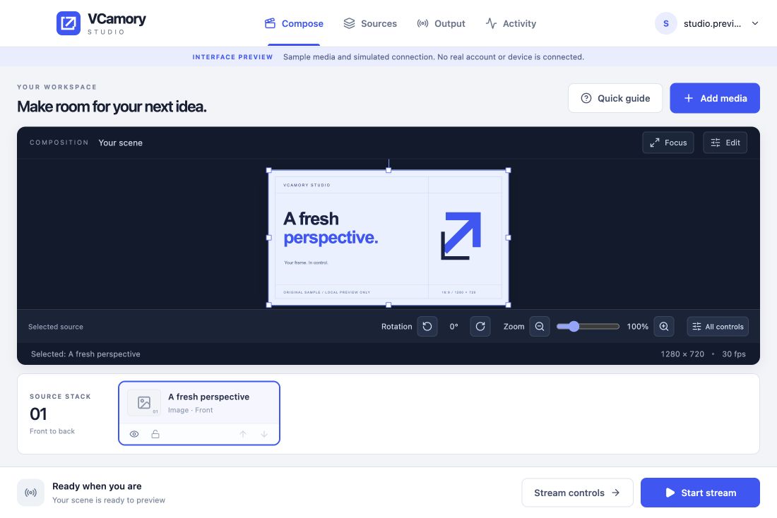 VCamory Studio with a large scene preview, a source strip, and separate composition and output controls